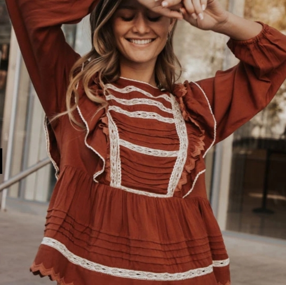Boho Rust Ruffle and Lace Blouse - Picture 2 of 7